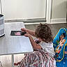 child, curly_hair, blanket, drawing, card, table, chair, indoor, floor, door, wall, person, toy_chair, colorful, pink, blue, wooden, flooring, blanket_pattern, concentration