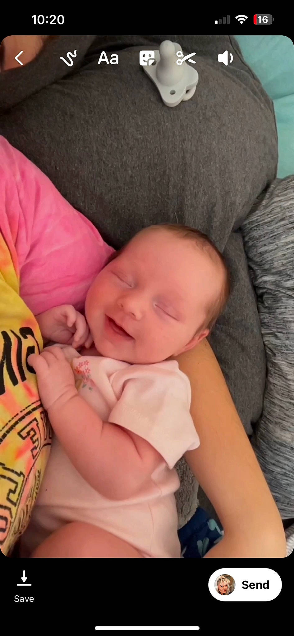 Kinsley is registered to the contest to win money with this photo: baby, baby_products, baby_toddler_clothing, cheek, child, comfort, finger, happy, human, linens, pattern, person, pink, sitting, skin, sleeve, smile, stomach, textile, thumb