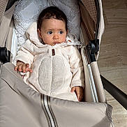 Rita participe au concours pour gagner de l'argent avec cette photo : baby, infant, stroller, beige, coat, padded, indoor, floor, curious, child, portrait, warm_clothing, seat, young_child, cute, soft_light, face, hands, expression, blanket