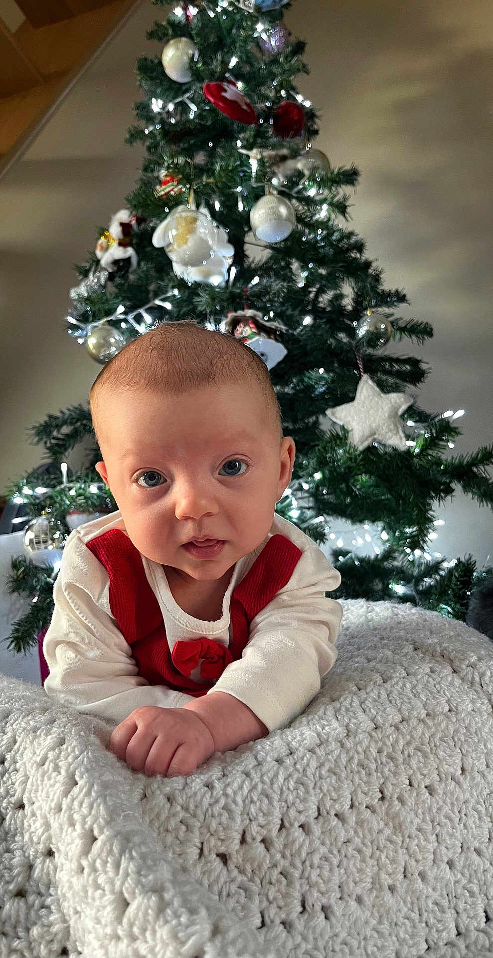 Marceau a rejoint le concours — aidez-le/la à gagner de superbes lots ! baby, infant, christmas_tree, holiday, ornaments, lights, blanket, knitted, red_clothing, white_clothing, face, eyes, hand, home_interior, festive, decoration, person, portrait, cute, seasonal