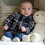 Marceau a rejoint le concours — aidez-le/la à gagner de superbes lots ! baby, plaid_shirt, blue_pants, white_socks, teddy_bear, blanket, cushion, indoor, soft_toy, child, portrait, seated, cozy, cute, furniture, homedecor, face, person, infant, calm
