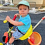 toddler, child, tricycle, outdoor, cap, shorts, blue_tshirt, toy, playground, vehicle, sidewalk, urban, daylight, face, person, curious, hand, footwear, casual_clothing, summer