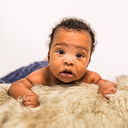 Jahseh is registered to the contest to win money with this photo: baby, infant, child, portrait, face, wide_eyed, curly_hair, lying_down, blanket, fluffy, cream_colored, indoor, studio, close_up, looking_at_camera, arms, hands, soft_lighting, adorable, photography