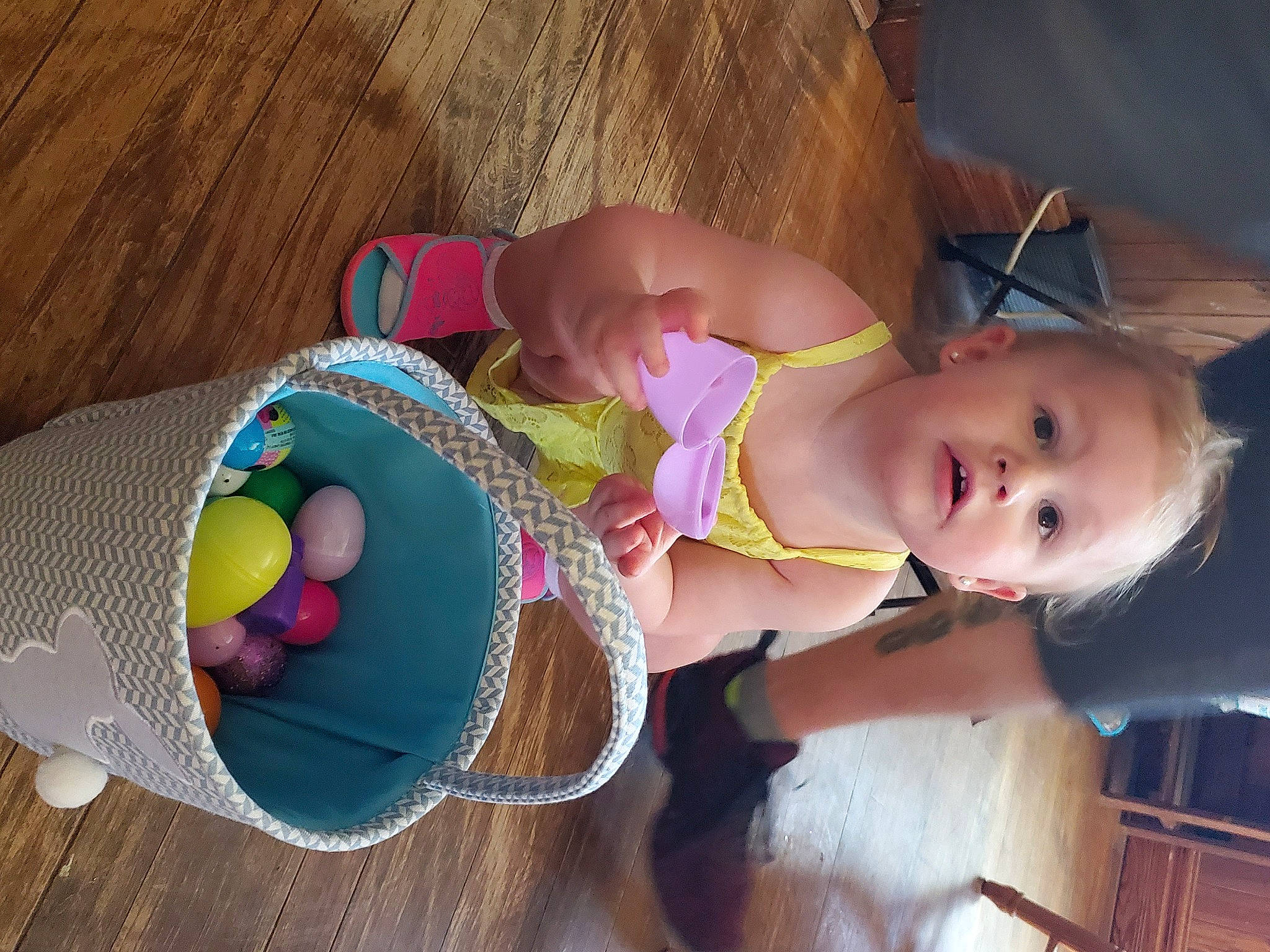 Harmony is registered to the contest to win money with this photo: abdomen, baby, baby_products, baby_toddler_clothing, chest, child, dress, easter, easter_egg, fun, happy, nail, party_supply, pattern, person, polka_dot, surprise, sweetness, tableware, thigh