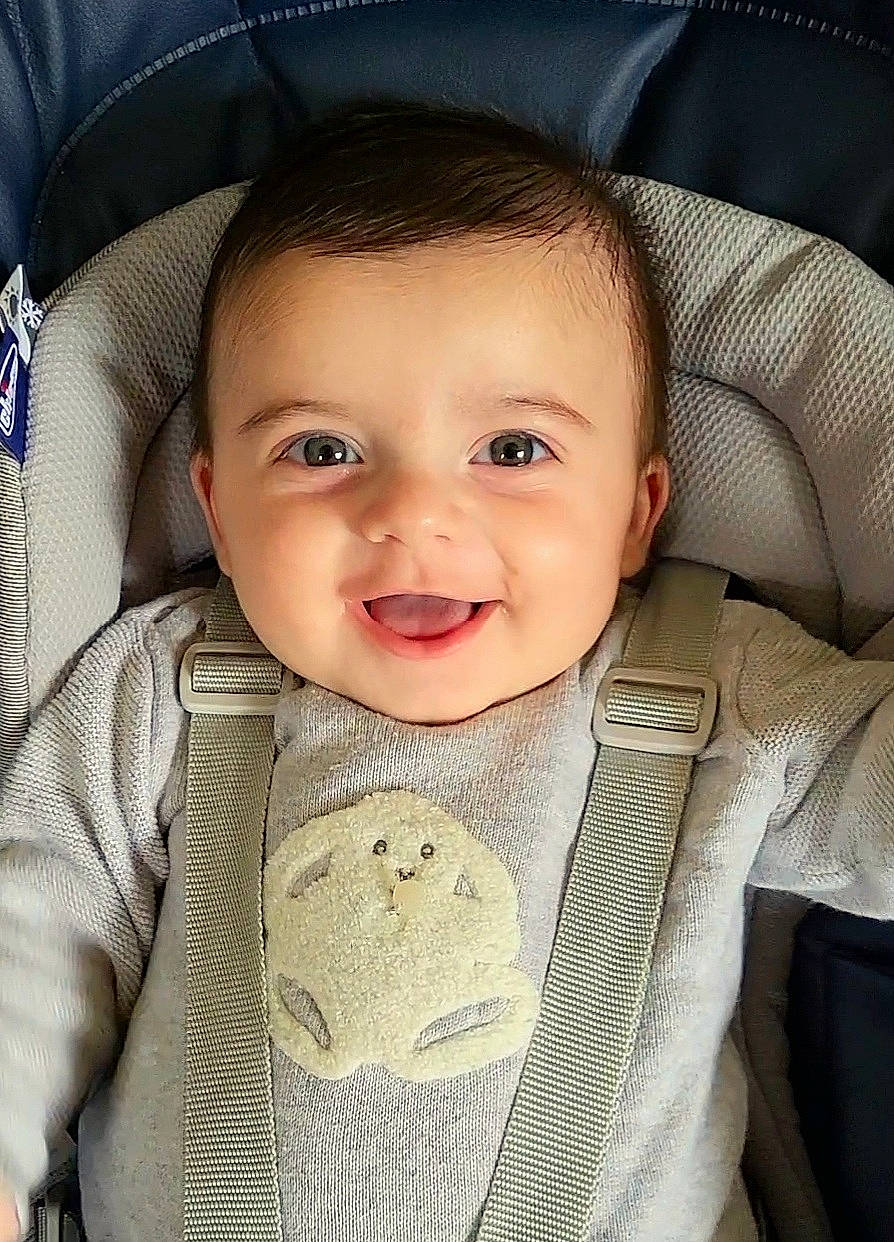Archie participe au concours pour gagner de l'argent avec cette photo : auto_part, baby, baby_carriage, baby_products, baby_toddler_clothing, car_seat, cheek, child, collar, comfort, eyebrow, iris, joy, nose, outerwear, person, seat_belt, sitting, skin, sleeve
