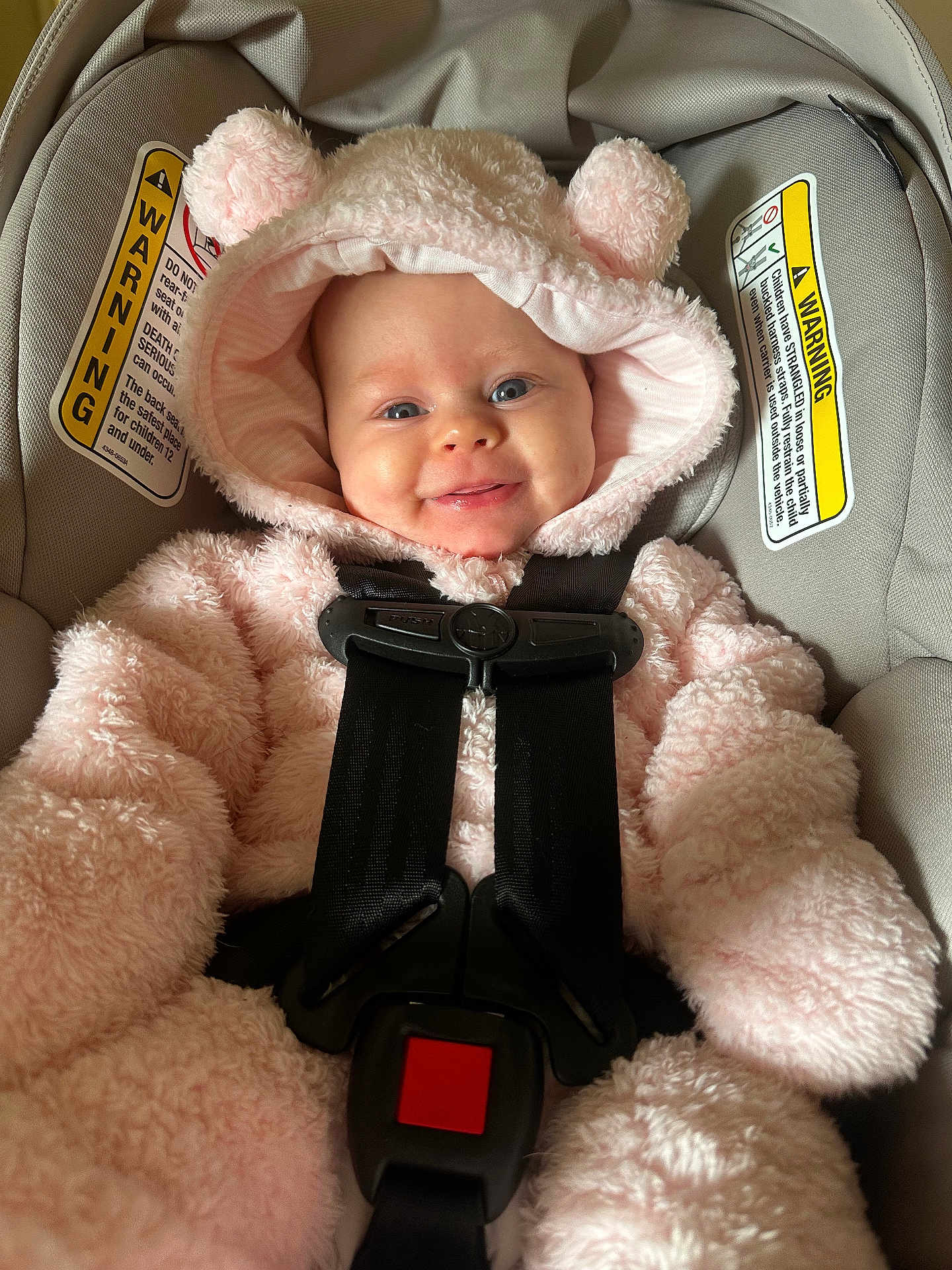 Willow joined the competition — help win amazing prizes! baby, infant, car_seat, pink, fluffy, hood, smiling, face, child, seatbelt, safety, cute, apparel, clothing, young_child, indoors, portrait, expression, happy, cozy