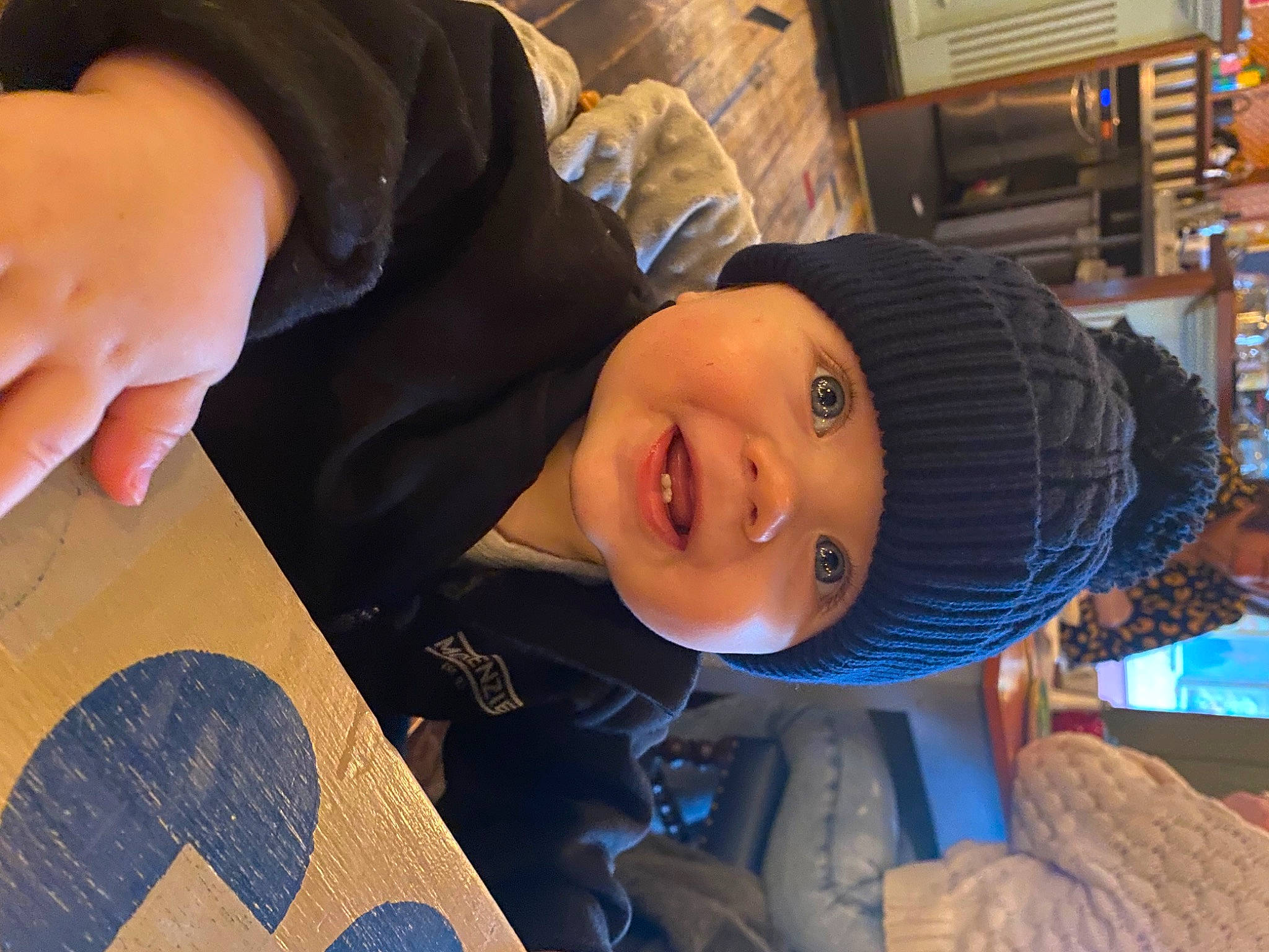 Hunter joined the competition — help win amazing prizes! cap, child, clothing, cool, electric_blue, eye, flooring, fun, happy, hat, headwear, nail, pattern, person, room, shelf, smile, thumb, toddler, wood