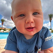 Lucas joined the competition — help win amazing prizes! adidas, baby, blue_shirt, child, close_up, clouds, cute, face, happy, infant, outdoor, palm_trees, person, pool, portrait, skin, sky, smile, summer, vacation