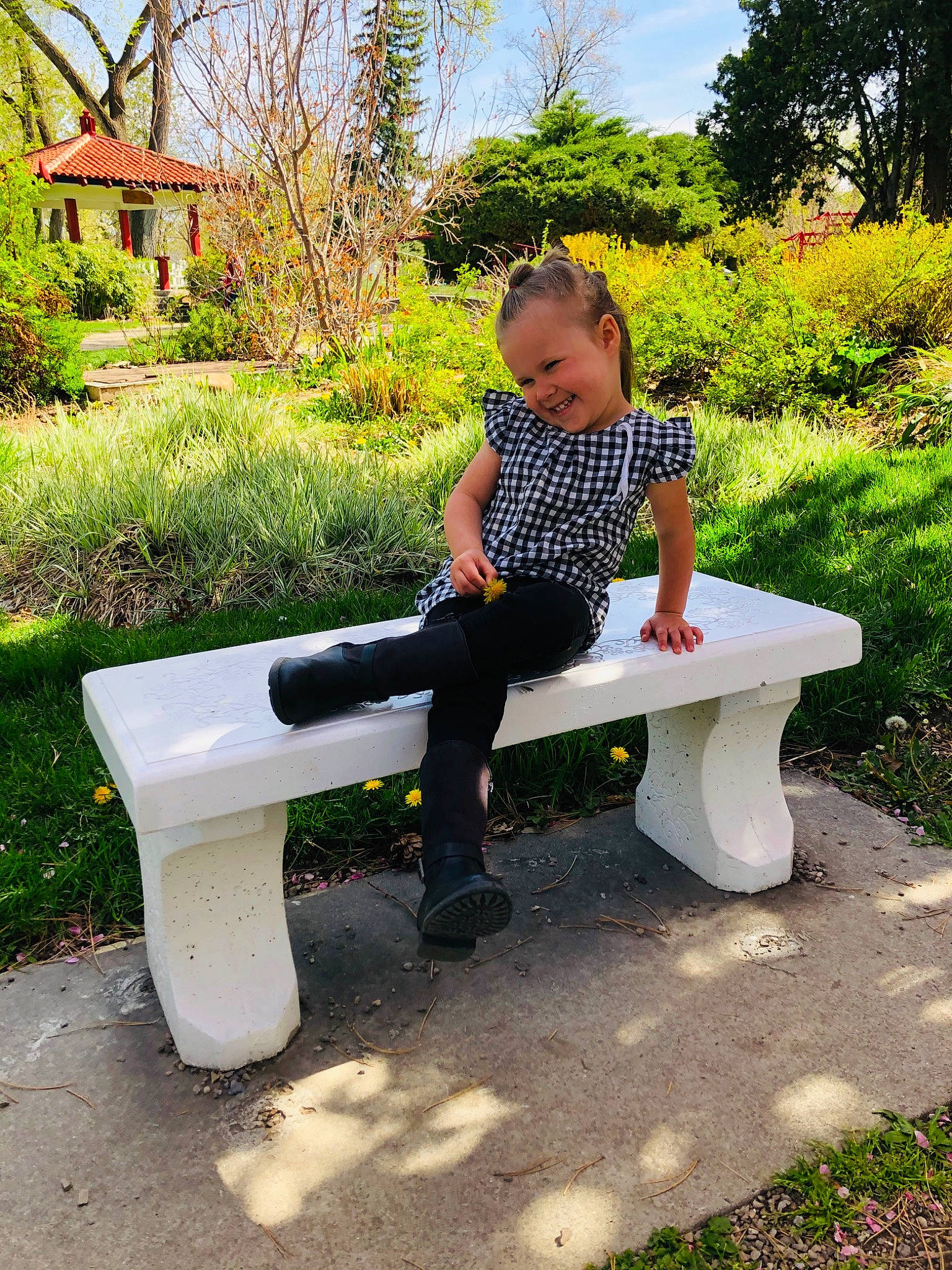 Annalee joined the competition — help win amazing prizes! bench, botany, child, furniture, garden, grass, joy, leaf, leg, leisure, outdoor_bench, outdoor_furniture, outdoor_table, person, picnic_table, plant, sitting, spring, table, toddler