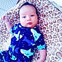 baby, infant, onesie, shark_pattern, blanket, leopard_print, mesh, playpen, blue_clothing, cute, lying_down, indoor, child, soft, padded, face, skin, person, young, expression
