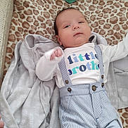 Enzo joined the competition — help win amazing prizes! baby, infant, playpen, blanket, leopard_print, clothing, suspenders, shirt, text_on_clothing, baby_sock, gray_blanket, face, person, lying_down, indoor, cute, young_child, soft_texture, cozy, baby_brother