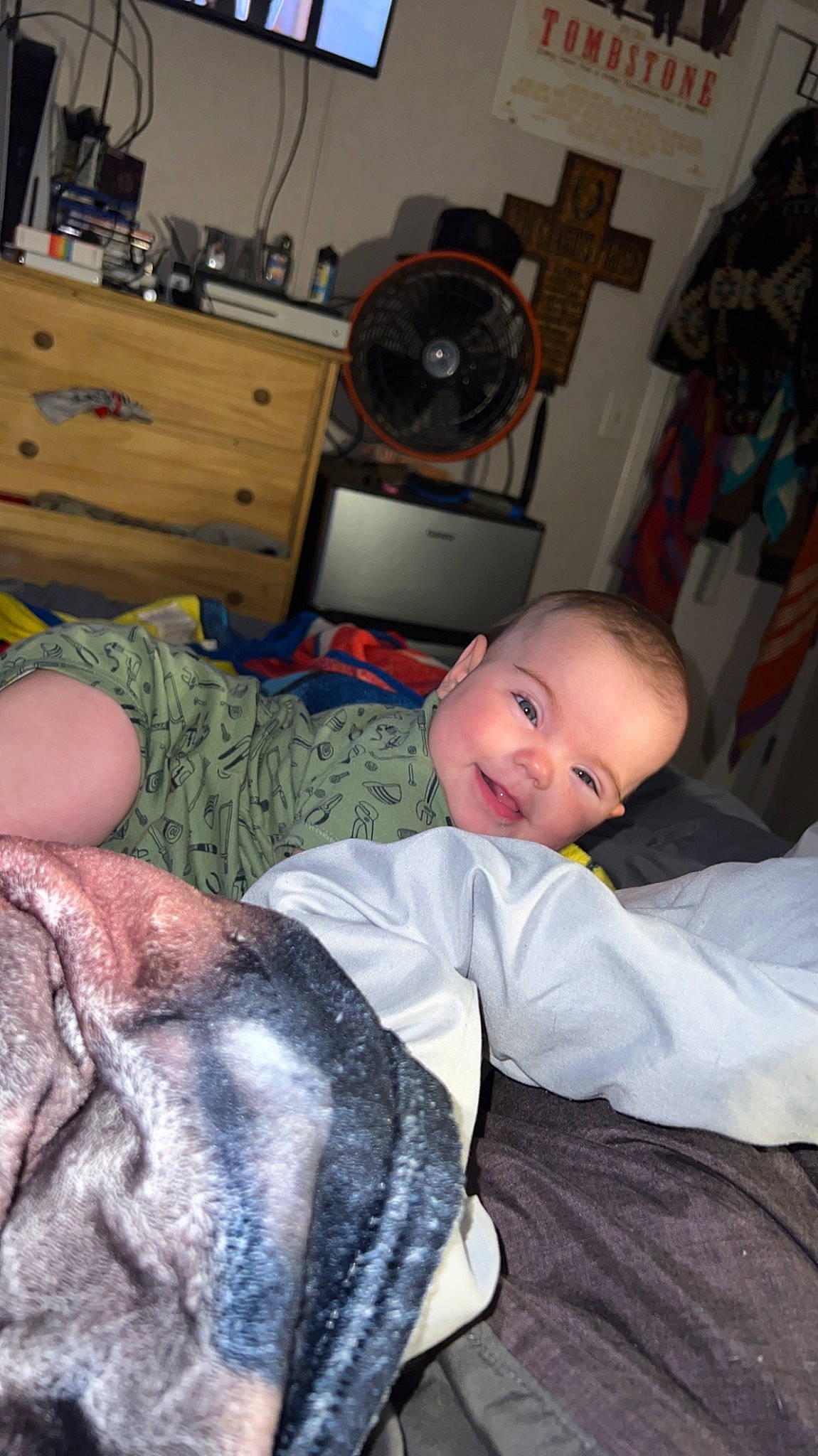 Bexley joined the competition — help win amazing prizes! baby, cabinetry, chest_of_drawers, comfort, companion_dog, couch, dog, dog_breed, drawer, fun, fur, home_appliance, lap, living_room, person, picture_frame, room, sitting, smile, toddler