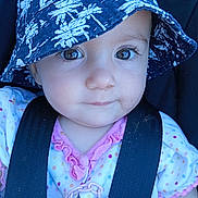Maria Isália a rejoint le concours — aidez-le/la à gagner de superbes lots ! baby, child, face, hat, bucket_hat, polka_dot, clothing, car_seat, seat_belt, pacifier_clip, close_up, infant, cute, portrait, blue, pink, dots, person, smile, young