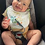 baby, infant, smiling, car_seat, bib, pacifier, onesie, barefoot, cute, happy, child, seatbelt, striped_clothing, chubby_cheeks, indoor, closeup, person, baby_toys, comfort, portrait