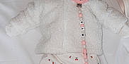 Mya participe au concours pour gagner de l'argent avec cette photo : baby, sleeping, white_jacket, hood, pacifier, pacifier_clip, cherry_pattern, pants, socks, bed, blanket, cute, infant, child, newborn, clothing, indoor, resting, adorable, soft