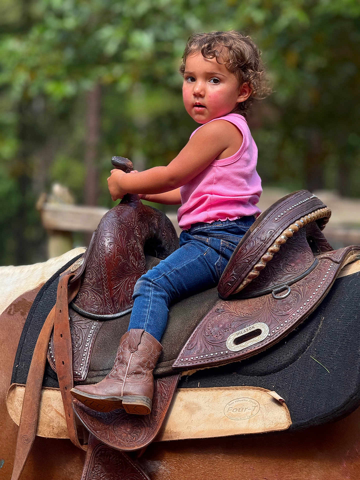 Elena is registered to the contest to win money with this photo: child, toddler, horse, saddle, boots, jeans, pink_top, outdoor, nature, forest, animal, riding, leather, portrait, curly_hair, young_child, sunlight, greenery, person, cute