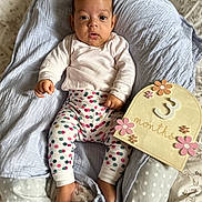 Mareva participe au concours pour gagner de l'argent avec cette photo : baby, infant, 3_months, milestone_sign, polka_dot, baby_clothing, pink, gray, blanket, lounger, face, feet, hand, lying_down, cute, decor, wooden_sign, flower, indoor, portrait