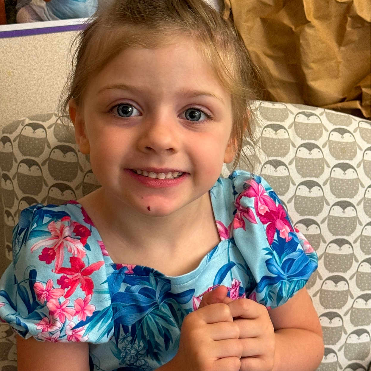 Scarlett joined the competition — help win amazing prizes! blouse, bodypart, child, clothing, couch, dress, face, female, finger, furniture, girl, hand, happy, head, mouth, person, photography, portrait, smile, teeth