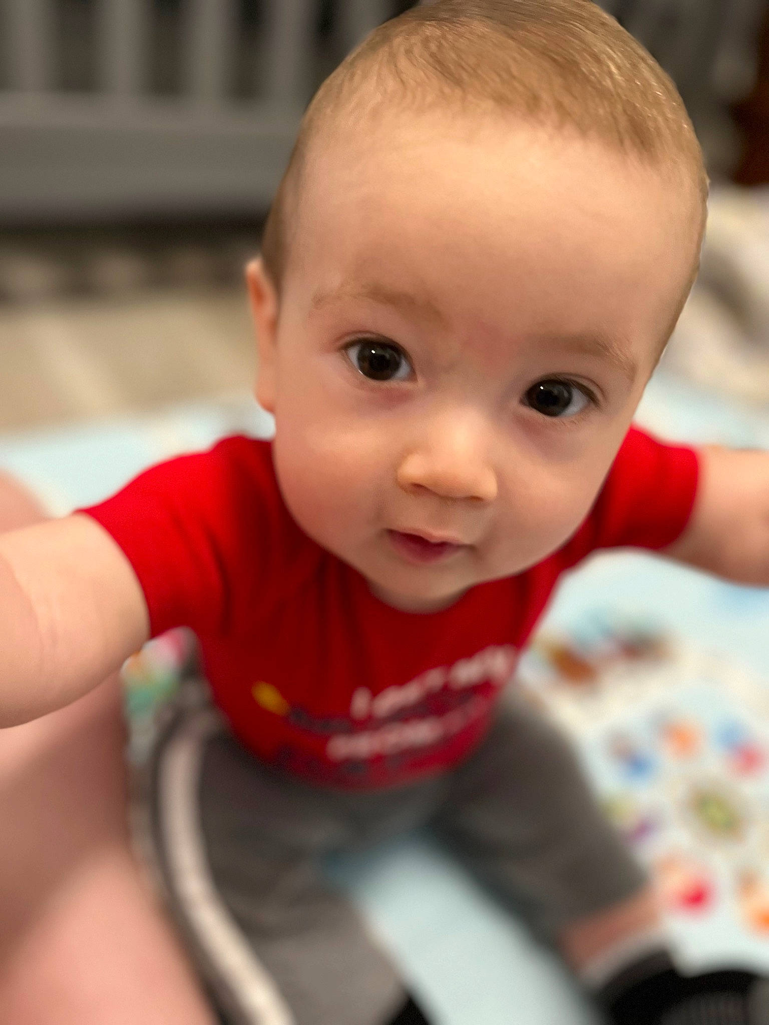 Dakota joined the competition — help win amazing prizes! baby, baby_products, baby_toddler_clothing, carmine, cheek, child, chin, close_up, eye, eyebrow, finger, fun, hand, happy, iris, lip, nose, person, sitting, skin