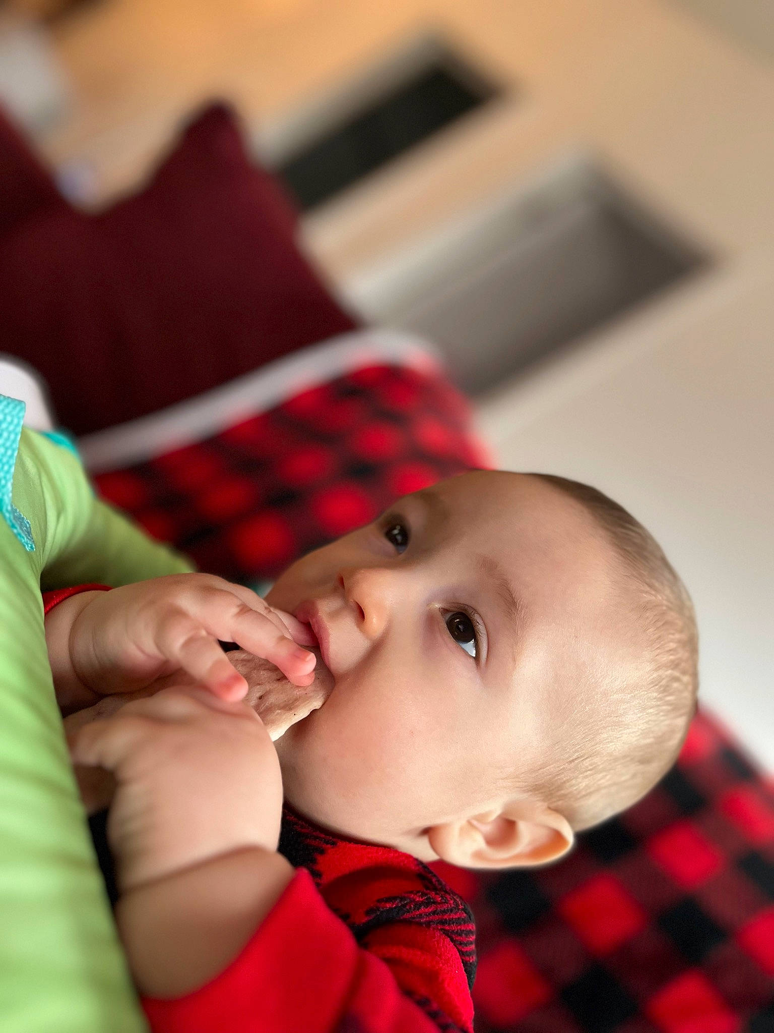 Dakota is registered to the contest to win money with this photo: baby, cheek, child, comfort, elbow, eye, eyelash, finger, flash_photography, gesture, happy, lip, mouth, nose, pattern, person, plaid, skin, tartan, toddler