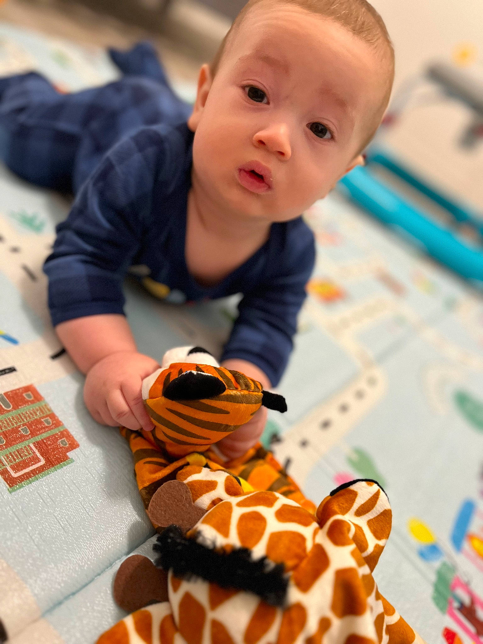 Dakota is registered to the contest to win money with this photo: baby, baby_playing_with_toys, baby_toddler_clothing, child, flooring, fun, giraffe, giraffidae, insect, orange, pattern, person, photograph, play, pollinator, product, snapshot, surprise, terrestrial_animal, toddler