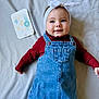 Giorgia participe au concours pour gagner de l'argent avec cette photo : baby, infant, blue_eyes, headband, denim_dress, maroon_shirt, milestone_card, blanket, smile, portrait, lying_down, cute, child, happy, skin, clothing, young_child, indoors, person, head