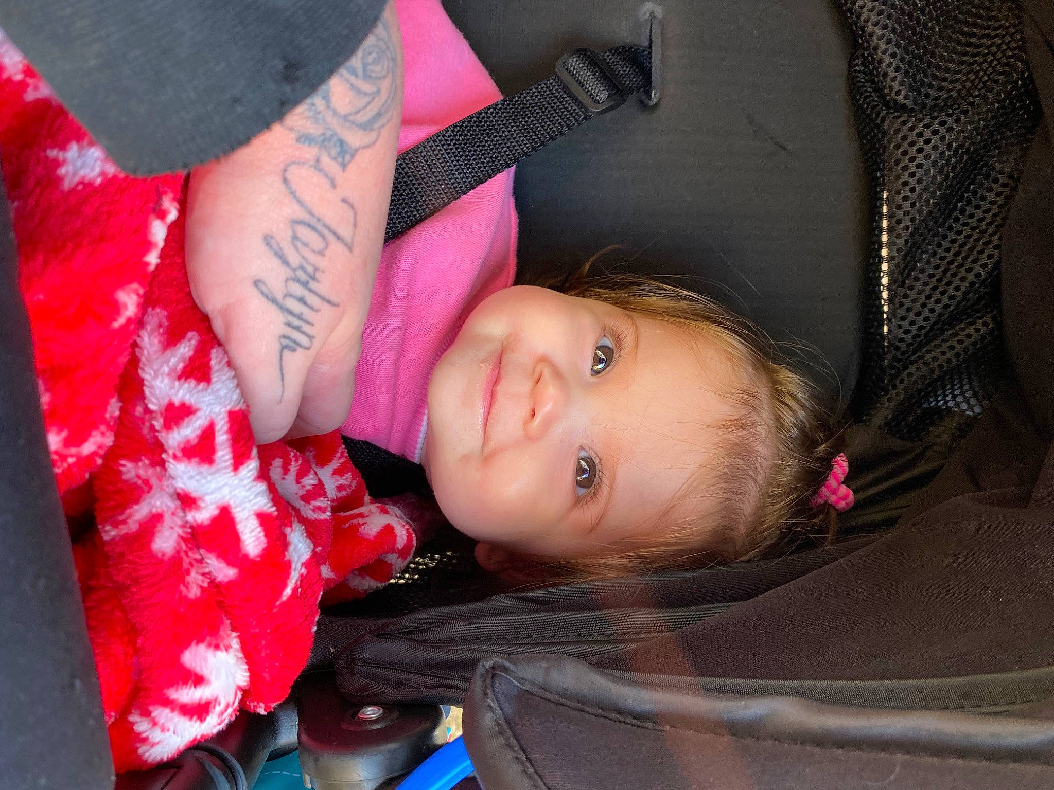 Jazlyn is registered to the contest to win money with this photo: black_hair, cheek, child, eyelash, fashion_accessory, fun, gesture, happy, human_leg, joy, lip, magenta, mouth, nail, pattern, person, pink, skin, temporary_tattoo, toddler