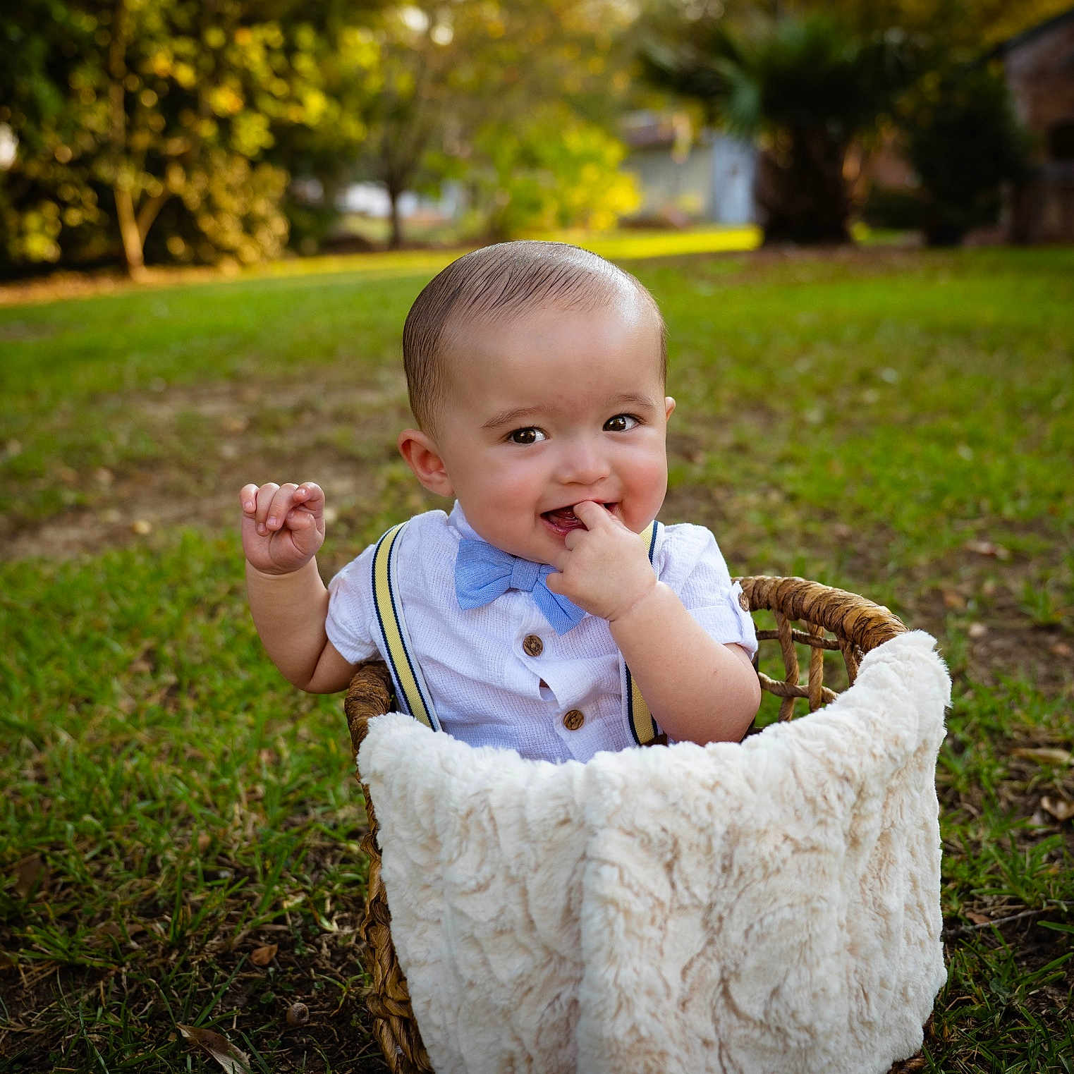 Vinay joined the competition — help win amazing prizes! baby, basket, bow_tie, boy, chewing, child, clothing, cute, face, grass, greenery, hand, happy, infant, nature, outdoor, portrait, smile, sunlight, suspenders