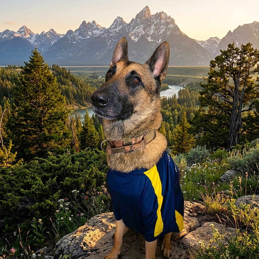 Simba a rejoint le concours — aidez-le/la à gagner de superbes lots ! dog, german_shepherd, pet, canine, outdoor, mountains, mountain_range, landscape, valley, river, forest, evergreen_trees, wildflowers, rock, sunlight, nature, scenic, sport_shirt, collar, portrait