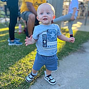 Ryder is registered to the contest to win money with this photo: blue_shirt, blurred_background, casual, child, clothing, daylight, grass, happy, hat, man, outdoor, park, people, person, playground, shorts, sidewalk, sneakers, toddler, yellow_shirt