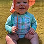 baby, child, water, swimsuit, hat, sunhat, smiling, outdoor, nature, river, sitting, happy, skin, face, summer, sunlight, cute, chubby, wet, play