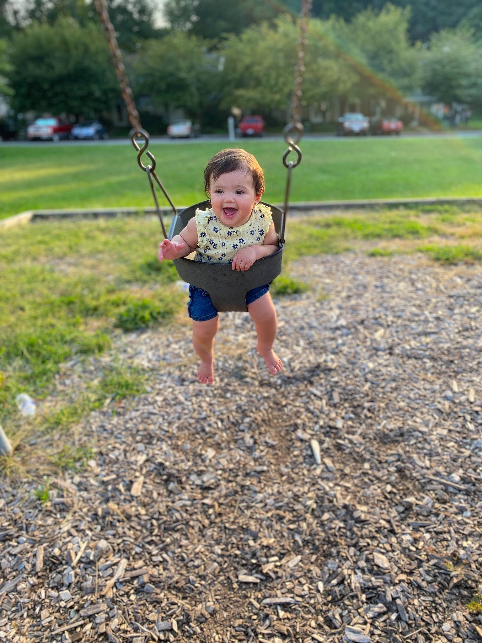 Raelyn joined the competition — help win amazing prizes! electric_blue, endurance_sports, grass, grassland, happy, hat, landscape, leisure, meadow, outdoor_play_equipment, people_in_nature, person, plant, recreation, running, shorts, soil, swing, t_shirt, toddler