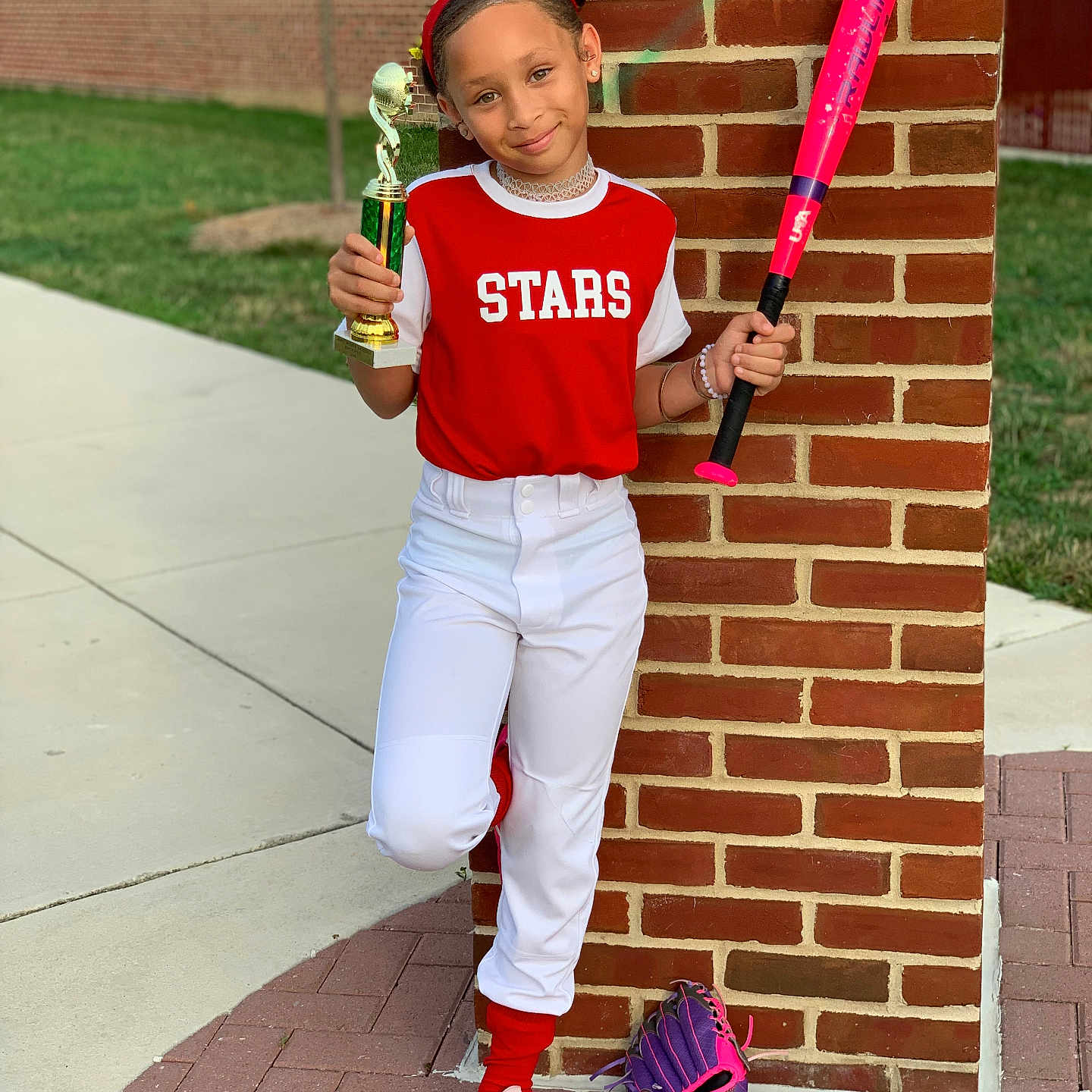 Kori joined the competition — help win amazing prizes! athlete, ballplayer, baseball, baseballbat, baseballglove, clothing, face, footwear, glove, head, maceclub, people, person, photography, portrait, shoe, sport, team, teamsport, weapon