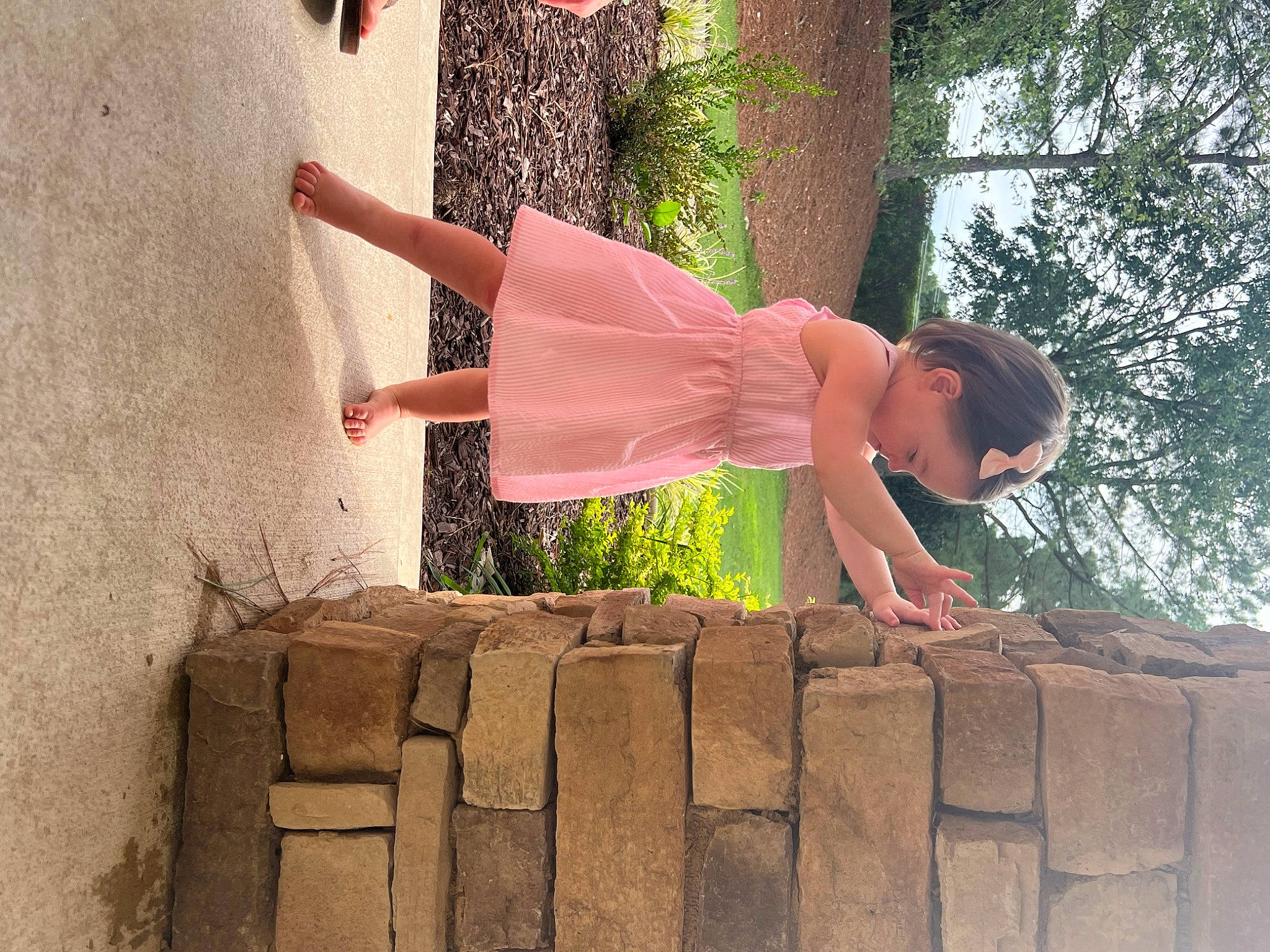 Caroline is registered to the contest to win money with this photo: beauty, brick, dress, flash_photography, fun, grass, happy, human_leg, landscape, leisure, magenta, people_in_nature, person, pink, plant, sitting, thigh, tints_and_shades, tree, waist