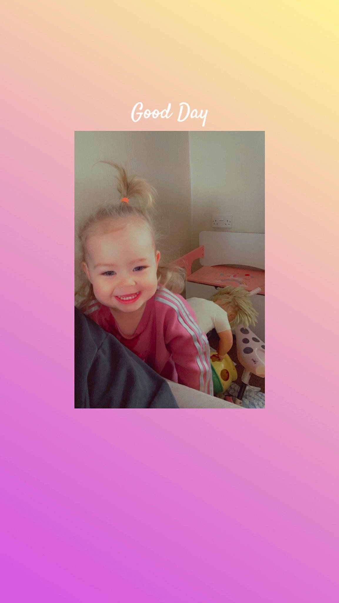 Ava-rose joined the competition — help win amazing prizes! baby, baby_toddler_clothing, child, font, fur, happy, joy, linens, magenta, pattern, person, photo_caption, pink, portrait_photography, room, sitting, sleeve, smile, teddy_bear, toddler