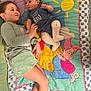 child, baby, siblings, blanket, winnie_the_pooh, cast, clothing, smiling, laying_down, indoor, cute, face, person, young, brother, toddler, happy, colorful, bedroom, comfort
