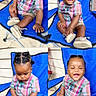 toddler, child, blue_chair, plaid_shirt, shorts, outdoor, happy, smiling, laughing, braided_hair, footwear, sitting, cute, portrait, baby, expression, natural_light, concrete_floor, collage, casual_clothing
