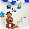 baby, child, cookie, milk, balloons, blue, white, diaper, floor, toy, decoration, celebration, milestone, plush, jar, cute, sitting, portrait, happy, indoor