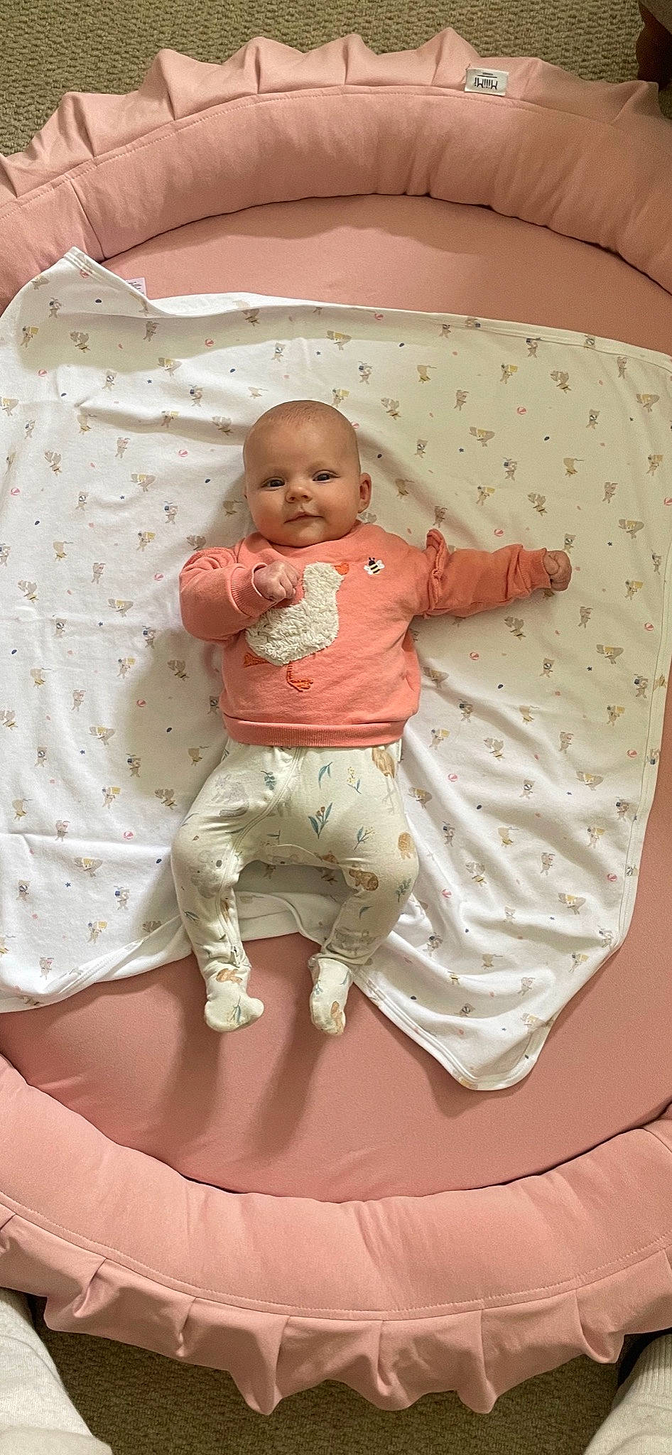 Darcey is registered to the contest to win money with this photo: abdomen, arm, baby, baby_products, baby_sleeping, baby_toddler_clothing, bedding, cheek, comfort, finger, human_body, infant_bed, linens, mouth, pattern, person, pink, sleeve, stomach, textile