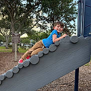 Daniel is registered to the contest to win money with this photo: child, boy, playground, slide, climbing, blue_shirt, tan_pants, red_shoes, smiling, outdoor, trees, play_equipment, daylight, park, woodchips, fun, happy, nature, recreation, casual_clothing