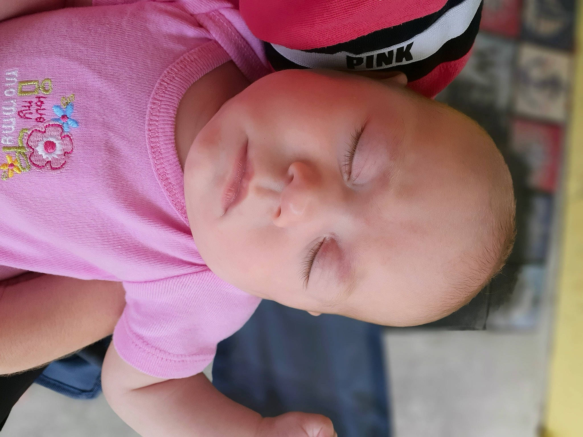 Carmen is registered to the contest to win money with this photo: baby, beauty, cheek, child, chin, ear, eye, face, forehead, head, headgear, lip, mouth, nap, nose, person, pink, product, skin, sleep