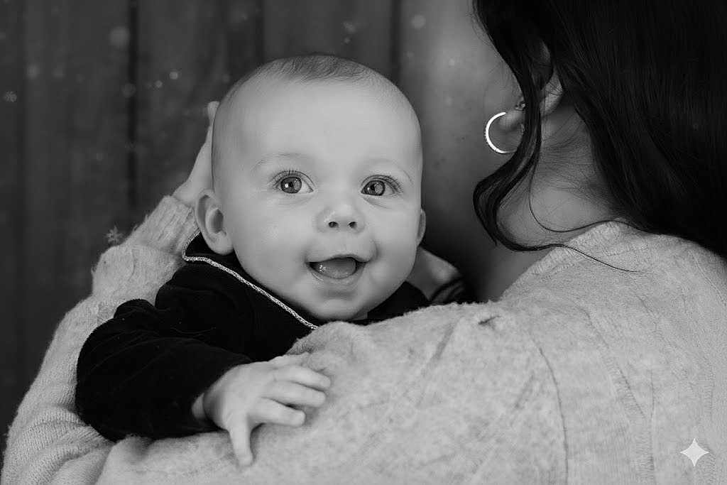 Mateo joined the competition — help win amazing prizes! baby, child, smile, face, person, adult, black_and_white, portrait, happy, cuddle, hand, earring, hair, sweater, closeup, emotion, love, family, infant, holding