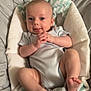 baby, infant, child, cushion, seat, clothing, person, skin, face, hands, feet, expression, indoor, cute, young, smiling, comfort, relaxing, soft, pastel