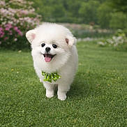 Charlee is registered to the contest to win money with this photo: dog, puppy, pomeranian, fluffy, white_fur, green_bow, polka_dot, tongue_out, happy, grass, lawn, outdoors, flowers, shrubbery, portrait, cute, small_dog, paws, pet, meadow
