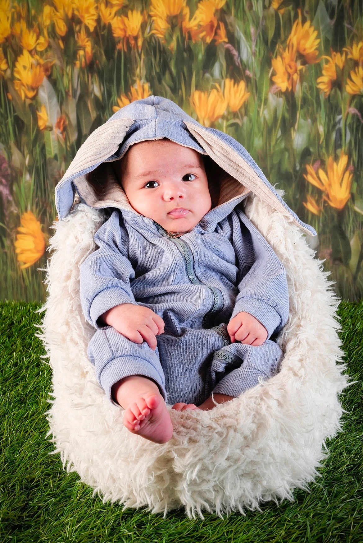 Issa participe au concours pour gagner de l'argent avec cette photo : baby, infant, bunny_ears, blue_clothing, cozy, fluffy, nest, grass, yellow_flowers, background, cute, portrait, child, face, hands, feet, soft_texture, outdoor_style, sitting, curious