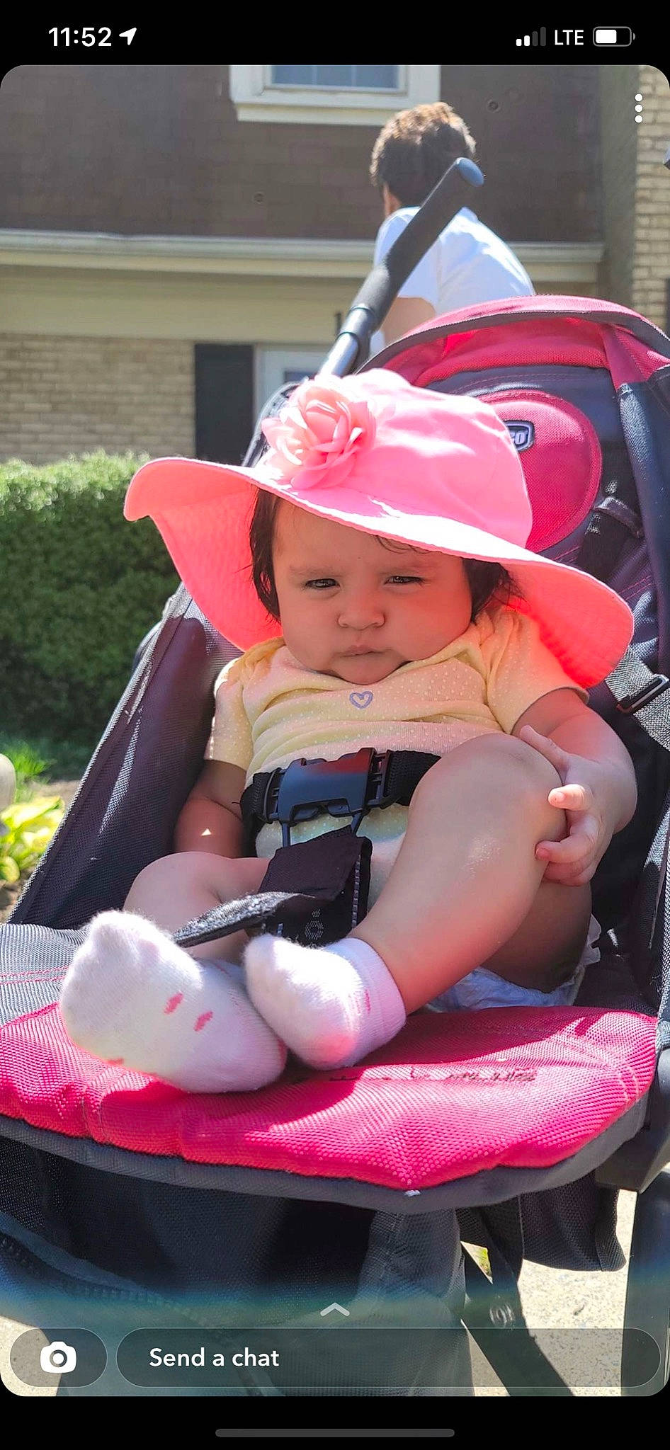 Alia joined the competition — help win amazing prizes! baby, baby_carriage, baby_products, baby_toddler_clothing, child, facial_expression, fun, hairstyle, hat, headwear, lap, leisure, motor_vehicle, person, pink, plant, recreation, sitting, sun_hat, thigh