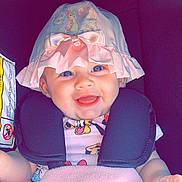 Darcie-Marie joined the competition — help win amazing prizes! baby, child, smiling, blue_eyes, hat, pink_hat, satin_bow, car_seat, blanket, clothing, cute, infant, happy, face, portrait, indoors, seat_belt, baby_girl, soft, comfort