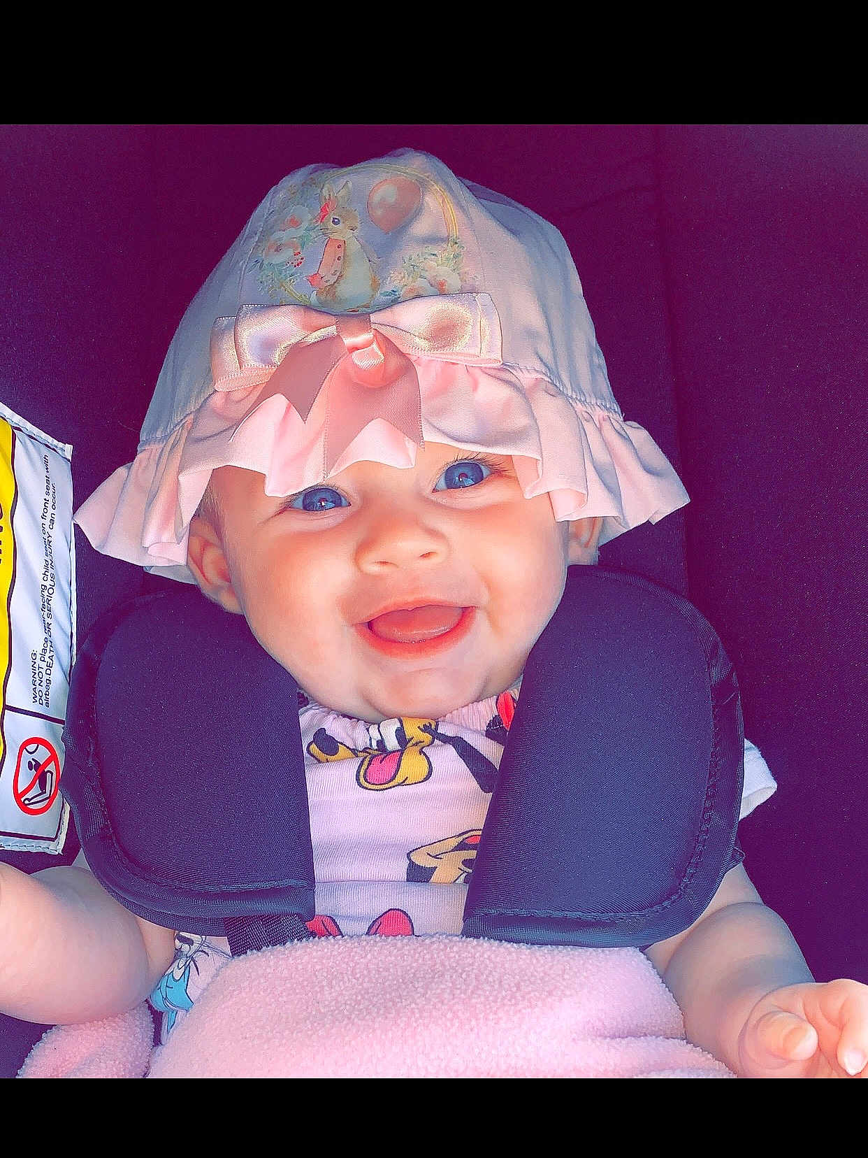 Darcie-Marie joined the competition — help win amazing prizes! baby, child, smiling, blue_eyes, hat, pink_hat, satin_bow, car_seat, blanket, clothing, cute, infant, happy, face, portrait, indoors, seat_belt, baby_girl, soft, comfort