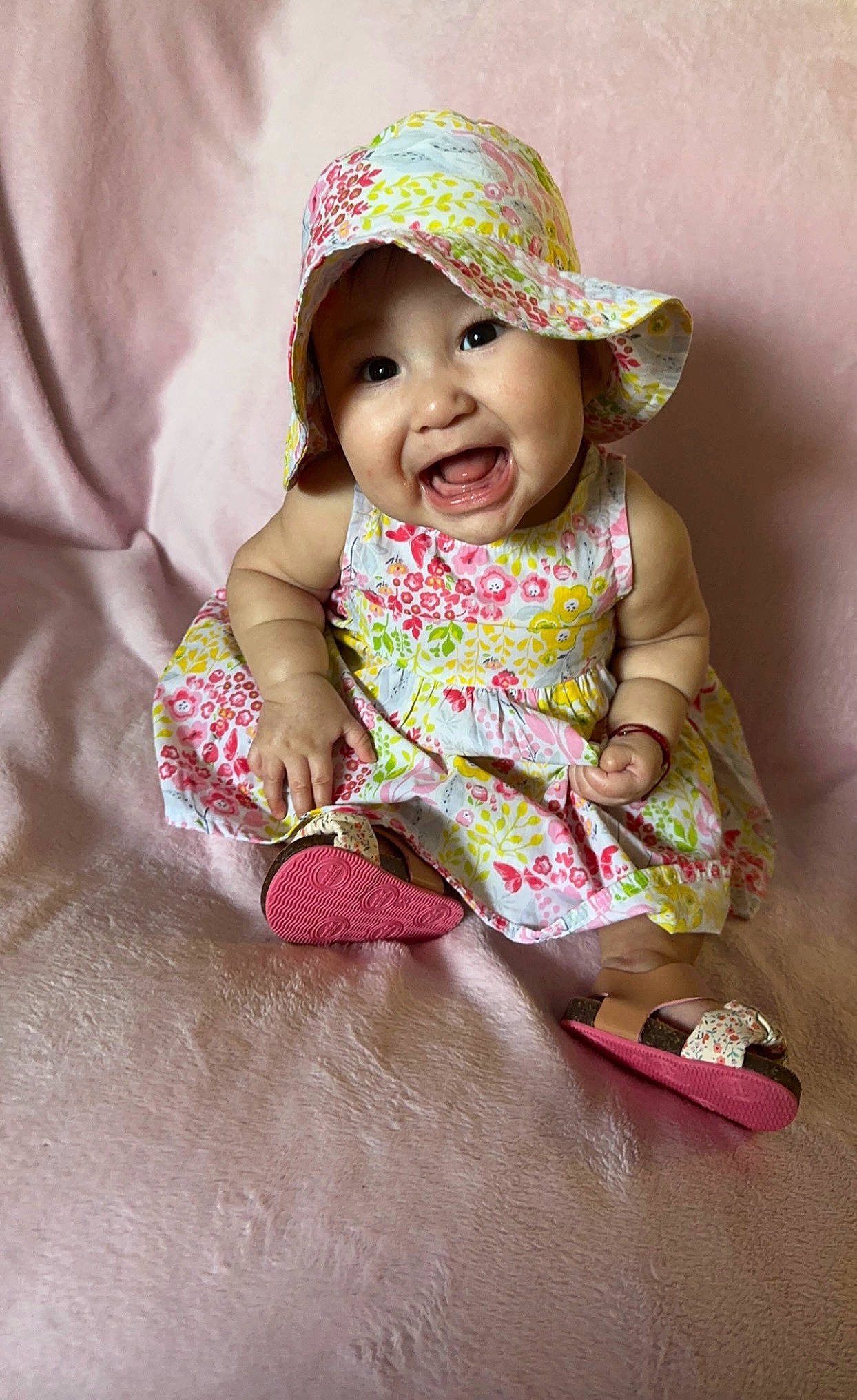 Mia joined the competition — help win amazing prizes! baby, baby_toddler_clothing, cap, cheek, child, collar, comfort, dress, eye, fashion_accessory, happy, headwear, lip, magenta, pattern, person, pink, skin, sleeve, smile