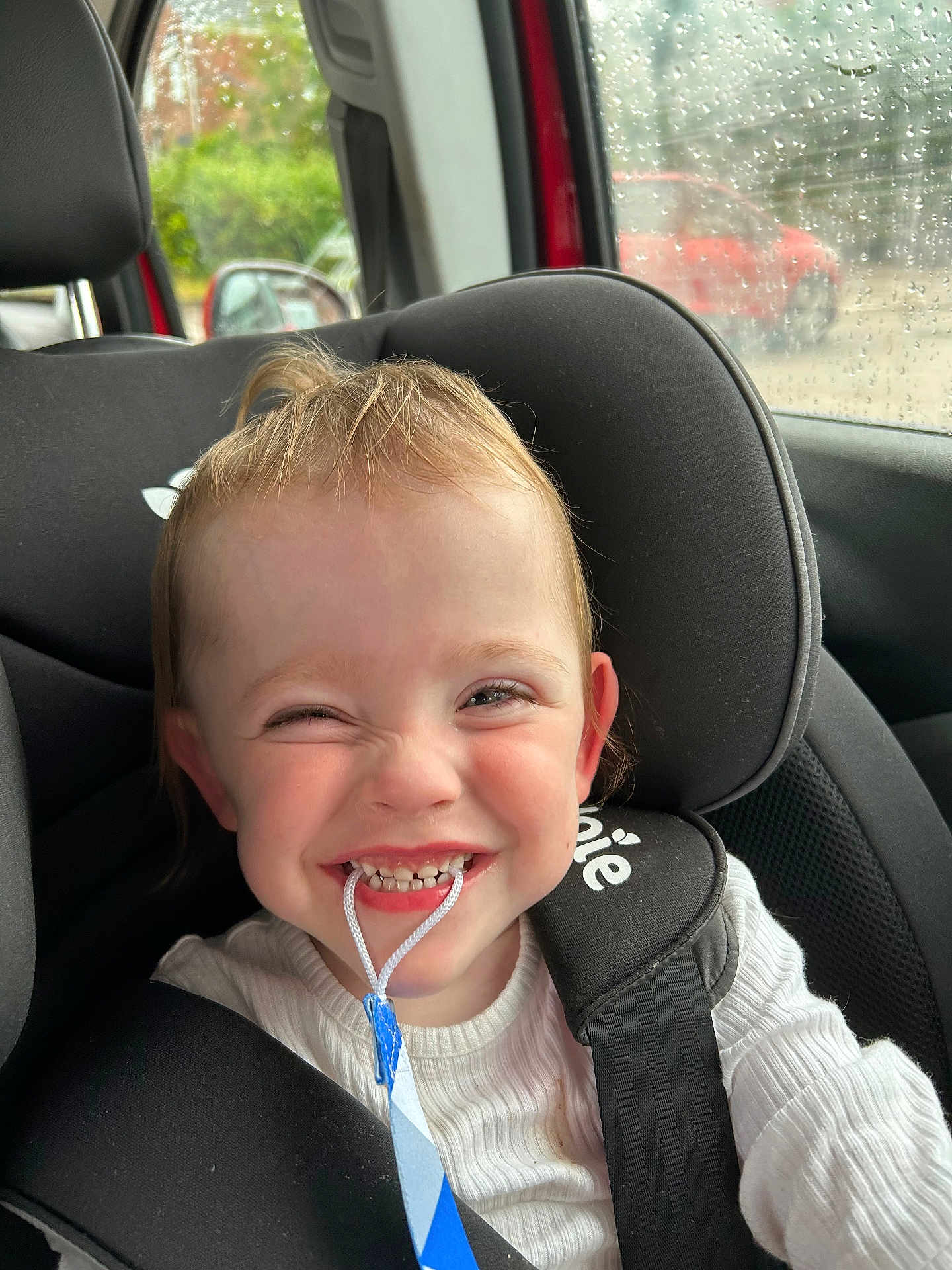 Lily joined the competition — help win amazing prizes! child, toddler, car_seat, smiling, happy, face, straps, clothing, window, rain, car, seatbelt, indoor, person, cute, playful, closeup, hair, expression, seat